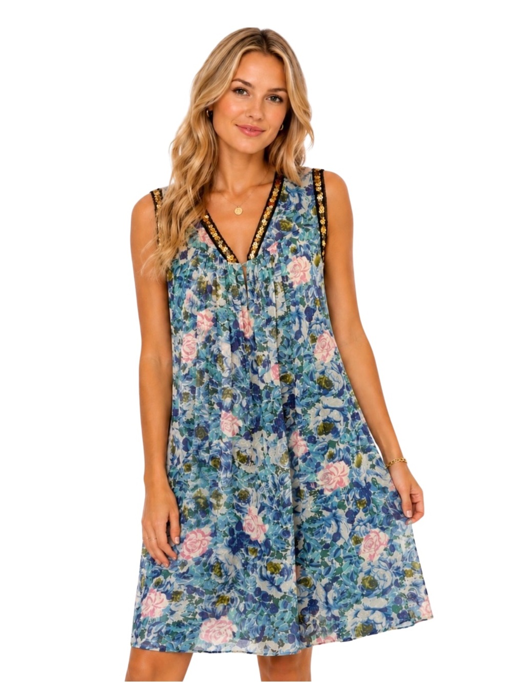 Rebecca Taylor Blue Floral Sequin Trim Sleeveless Dress Size 10